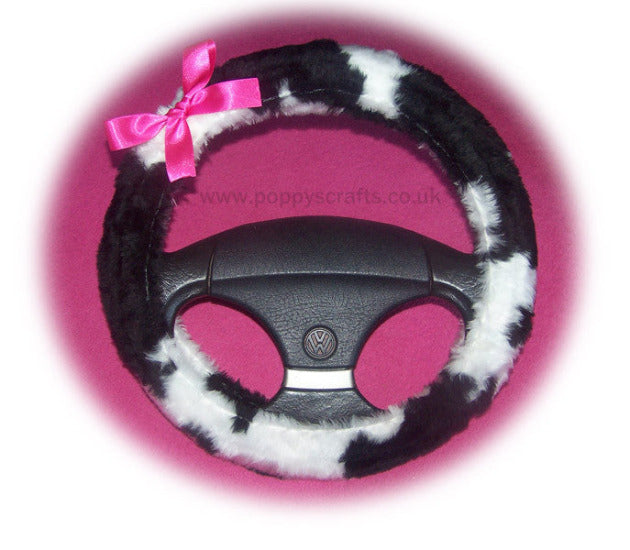 Black and white Cow print faux fur fuzzy car steering wheel cover with barbie pink satin bow Poppys Crafts