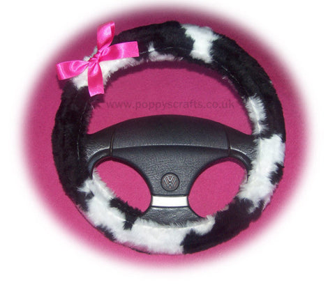 Black and white Cow print faux fur fuzzy car steering wheel cover with barbie pink satin bow