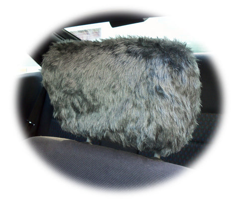 Dark Grey fluffy faux fur car headrest covers 1 pair