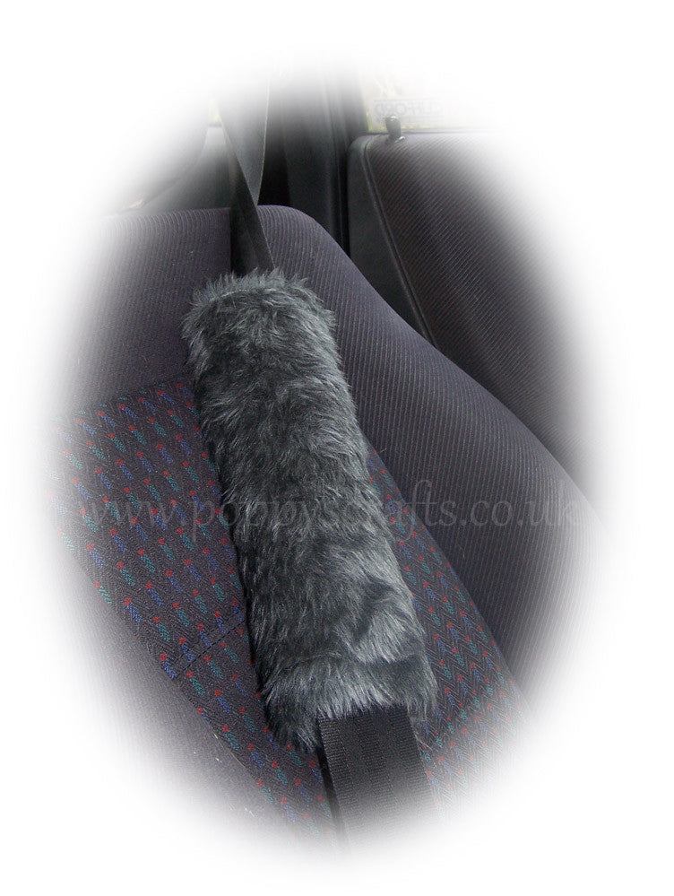 Dark grey Fuzzy faux fur car seatbelt pads furry and fluffy Poppys Crafts