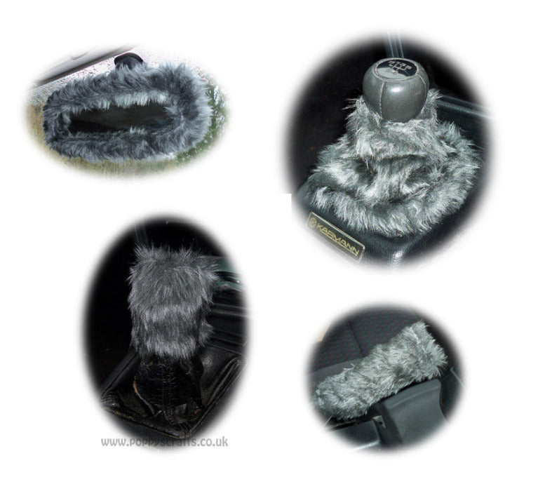 Cute Dark Grey fluffy faux fur car accessories 4 piece set Poppys Crafts
