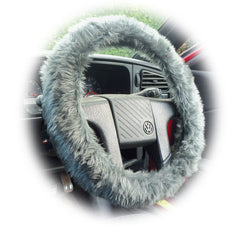 Dark Grey fluffy steering wheel cover and matching faux fur seatbelt pads Poppys Crafts