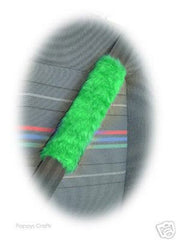 Emerald Green fluffy steering wheel cover and matching faux fur seatbelt pads Poppys Crafts