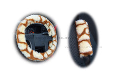 Giraffe print fuzzy Car Steering wheel cover & matching faux fur seatbelt pad set Poppys Crafts