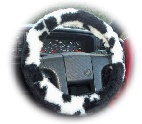 Black and White Cow print fuzzy faux fur car steering wheel cover furry and fluffy