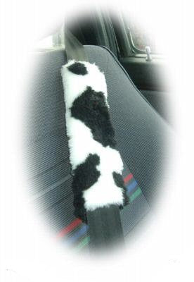 Cow car seatbelt pads black and white print furry fluffy fuzzy faux fur Poppys Crafts
