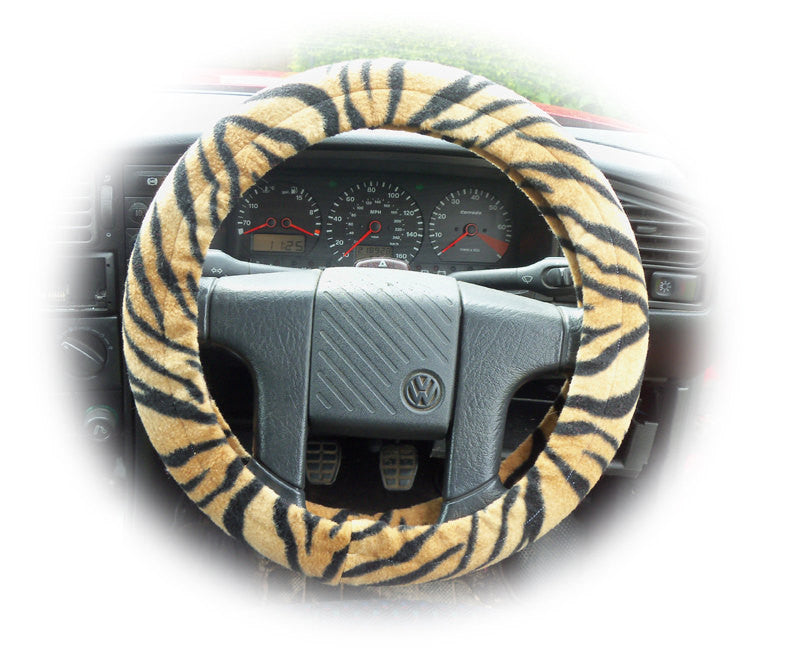 Gold and black tiger stripe fleece car steering wheel cover Poppys Crafts