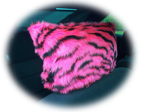 Pink and black fuzzy faux fur tiger stripe headrest covers