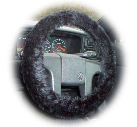 Black fuzzy faux fur car steering wheel cover