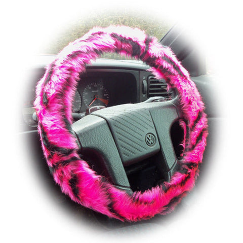 Pink and black tiger stripe fuzzy faux fur car steering wheel cover