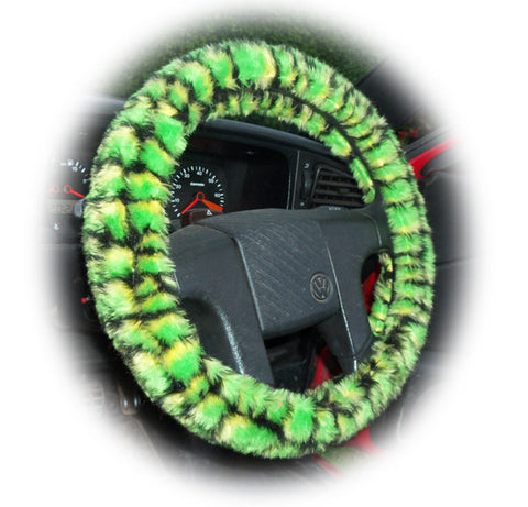 Green Crocodile print fuzzy car steering wheel cover