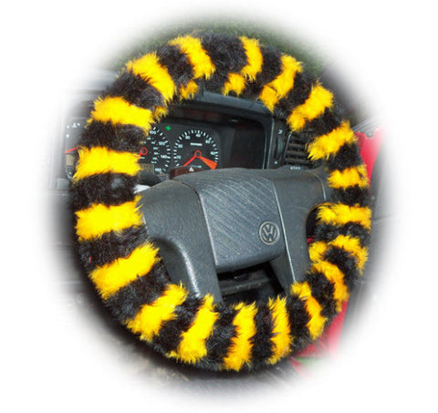 Busy Bumble Bee striped fuzzy faux fur car steering wheel cover