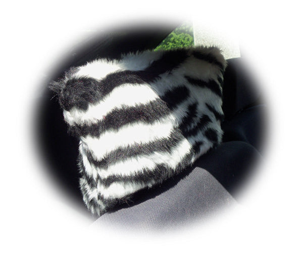 Zebra stripe black and white faux fur fuzzy car seat headrest covers Poppys Crafts