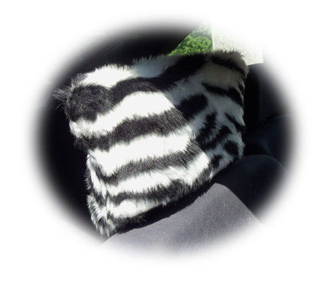 Zebra stripe black and white faux fur fuzzy car seat headrest covers
