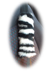 Zebra print fuzzy car seatbelt pads black and white stripe 1 pair Poppys Crafts