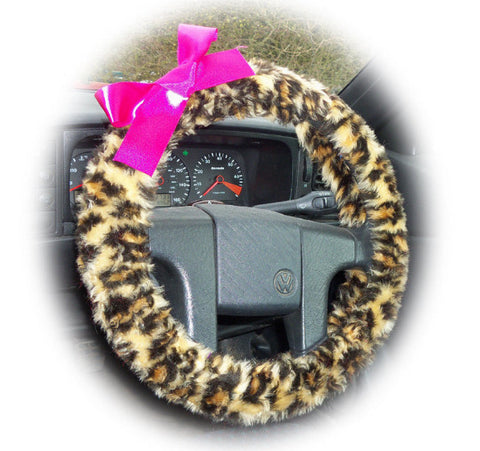 Leopard print fuzzy car steering wheel cover with Barbie Pink satin bow