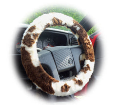 Brown and cream Cow print fuzzy car steering wheel cover Poppys Crafts