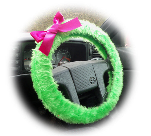 Bright Lime Green fuzzy car steering wheel cover faux fur with Barbie Pink satin Bow Poppys Crafts