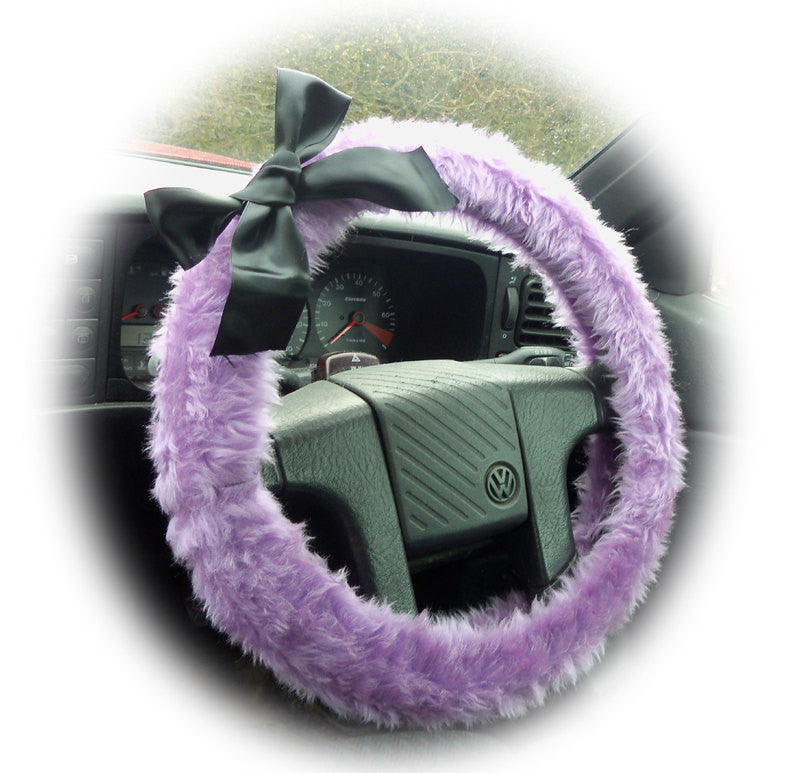 Lilac fuzzy car steering wheel cover faux fur wth Black satin Bow Poppys Crafts