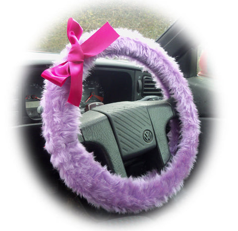 Lilac fuzzy car steering wheel cover with Barbie Pink Satin Bow