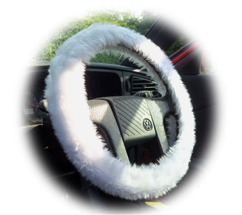 White fuzzy faux fur car steering wheel cover