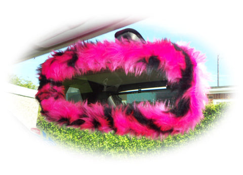 Pink and black tiger print faux fur rear view interior mirror cover