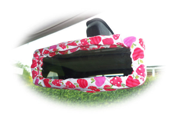 Pink and red Strawberry and apples cotton car rear view interior mirror cover Poppys Crafts