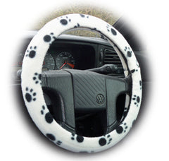 Paw print fleece car steering wheel cover in black and white and multi-coloured Poppys Crafts