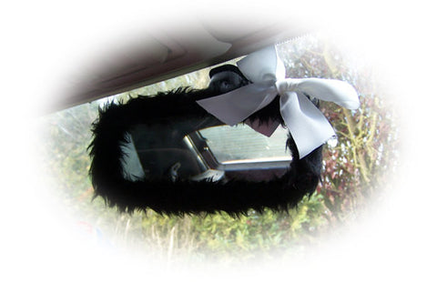 Cute fluffy faux fur Black car mirror cover with white satin bow fuzzy