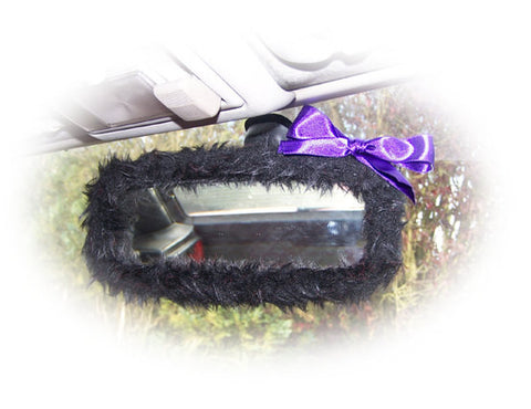 Black fluffy faux fur car mirror cover with purple satin bow
