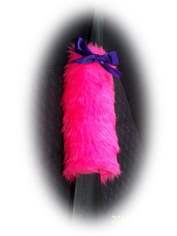 Fuzzy faux fur barbie pink car seatbelt pads with purple satin bows 1 pair
