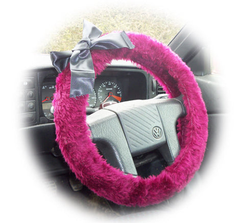 Burgundy red fuzzy car steering wheel cover with Black satin bow