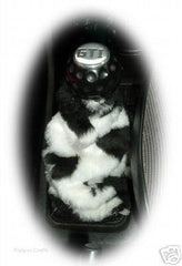 Black and white cow print faux fur fluffy gear stick gaiter cover Poppys Crafts