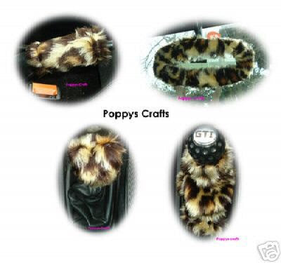 Leopard print fluffy faux fur 4 piece car accessories set