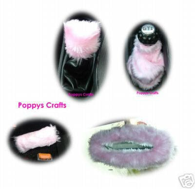 cute fluffy faux fur Baby Pink car accessories set Gear knob gaiter mirror and handbrake covers furry fuzzy