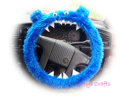 Royal Blue fluffy Monster car steering wheel cover with googly eyes, ears and teeth Poppys Crafts