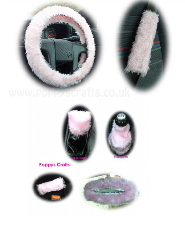 Large 7 Piece Baby Pink fluffy car accessories set faux fur Poppys Crafts