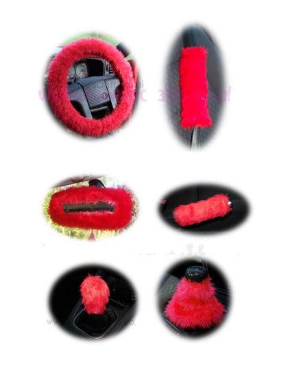 Large 7 Piece Racing Red fluffy car accessories set faux fur Poppys Crafts