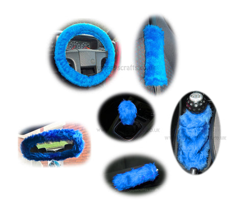 Large 7 Piece Royal Blue fluffy car accessories set faux fur