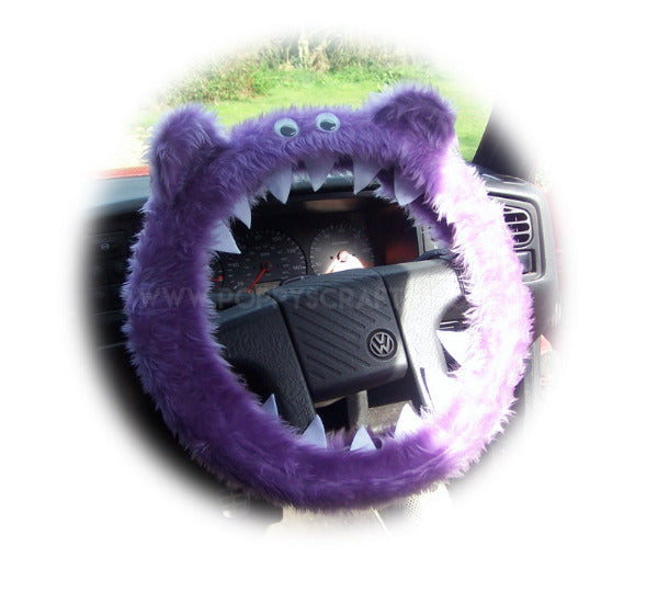 Lilac Fuzzy furry Monster car steering wheel cover faux fur fluffy with googly eyes, teeth and ears Poppys Crafts