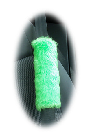 Fuzzy faux fur Lime Green car seatbelt pads furry and fluffy 1 pair