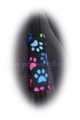 Black and Multi-coloured Paw print fleece steering wheel cover and seatbelt pads Poppys Crafts