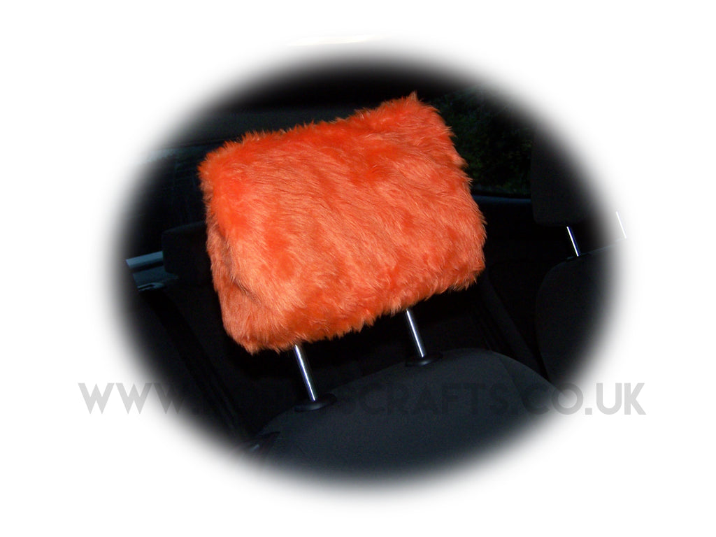Tangerine Orange fluffy faux fur car headrest covers 1 pair Poppys Crafts