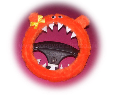 Fuzzy faux fur Tangerine Orange Monster steering wheel cover with cute yellow bow