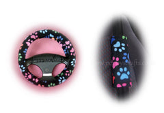 Black and Multi-coloured Paw print fleece steering wheel cover and seatbelt pads Poppys Crafts