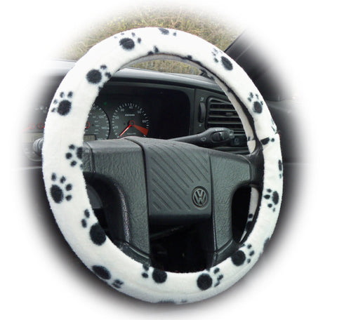 White with Black Paws paw print fleece car steering wheel cover
