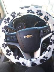 Paw print fleece car steering wheel cover in black and white and multi-coloured Poppys Crafts