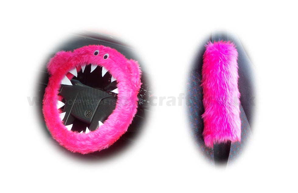 Fluffy Pink Monster Car Steering wheel cover & fuzzy faux fur pink seatbelt pad set Poppys Crafts