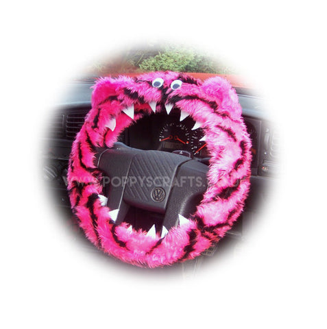 Pink and black Tiger stripe fuzzy Monster steering wheel cover