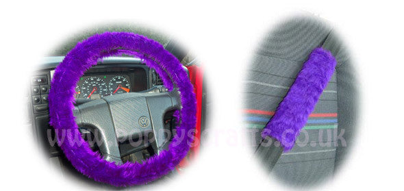 Fluffy Purple Car Steering wheel cover & matching fuzzy faux fur seatbelt pad set Poppys Crafts